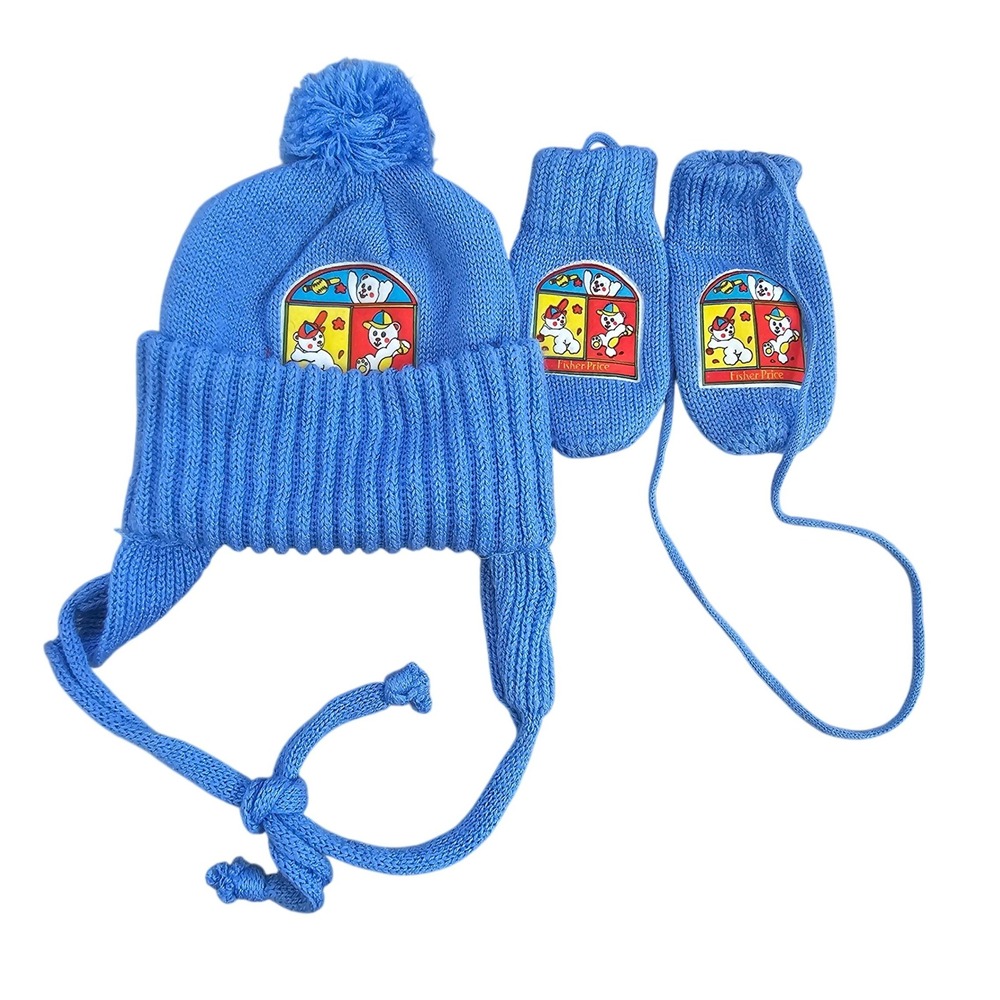 Fisher Price Vintage Blue Knit Beanie Hat and Mittens Set Bear Patch Trapper Hat